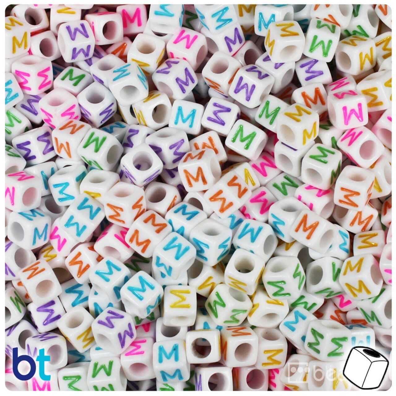 BeadTin White Opaque 6mm Cube Plastic Alpha Beads - Colored Letter M (80pcs)